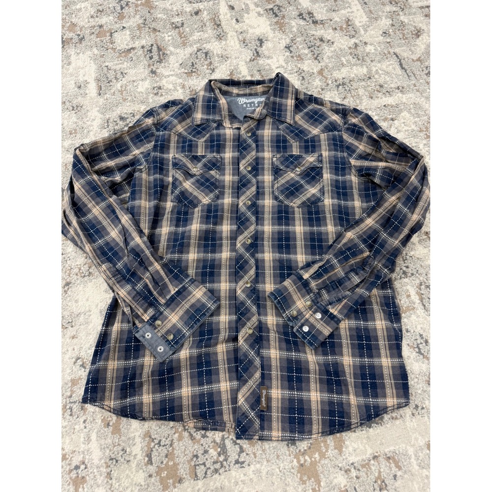 Wrangler Retro Premium Mens Large Blue Tan Plaid Western Snap Shirt 112314959
